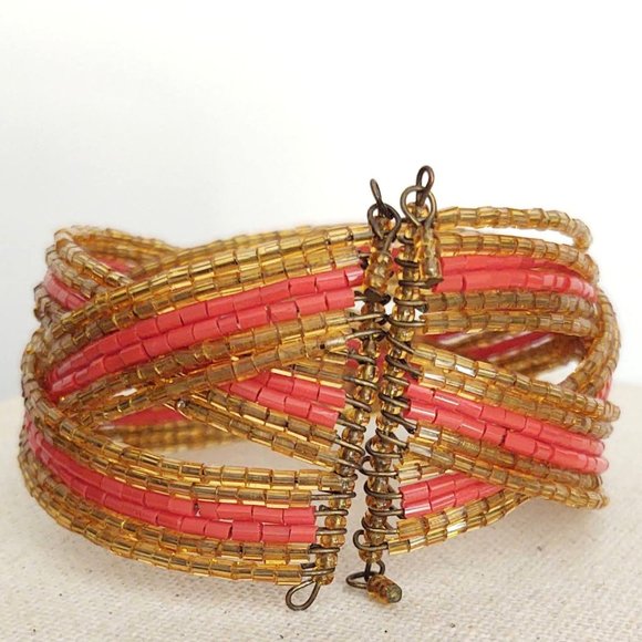Gold and orange bugle bead memory wire cuff - Picture 7 of 10